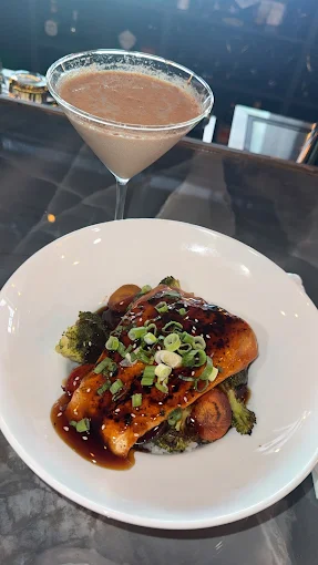 Glazed salmon rice bowl with a chocolate martini