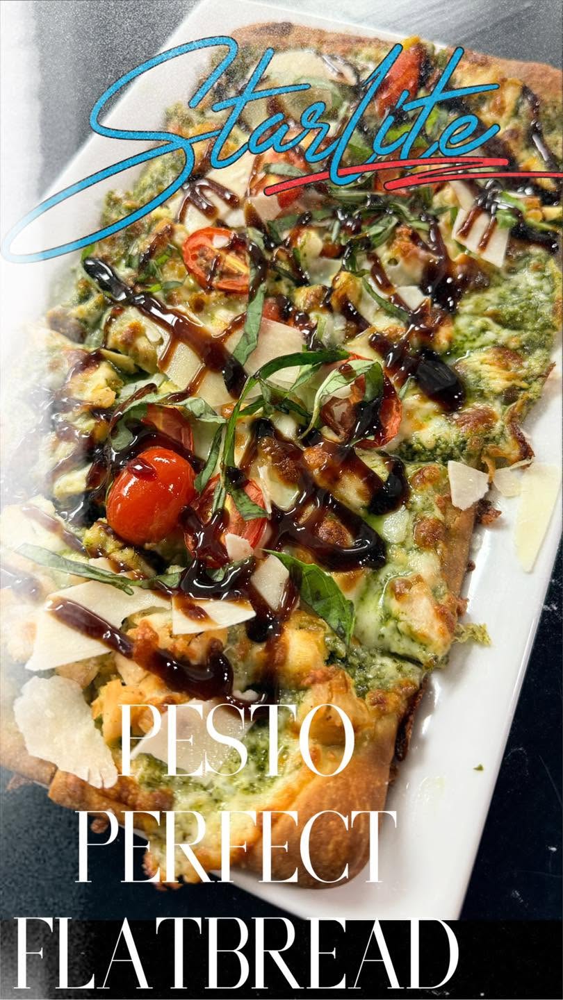 Pesto Perfect flatbread with tomatoes, basil, and shaved parmesan