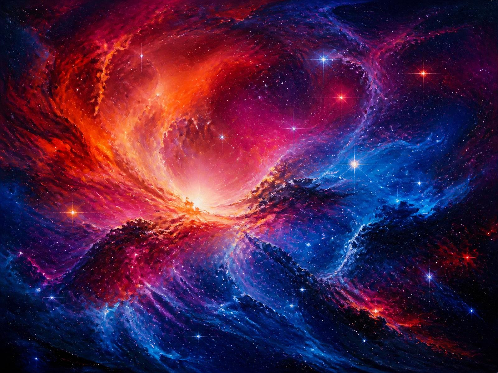Cosmic red and blue nebula painting inspired by the artwork inside Starlite Bistro